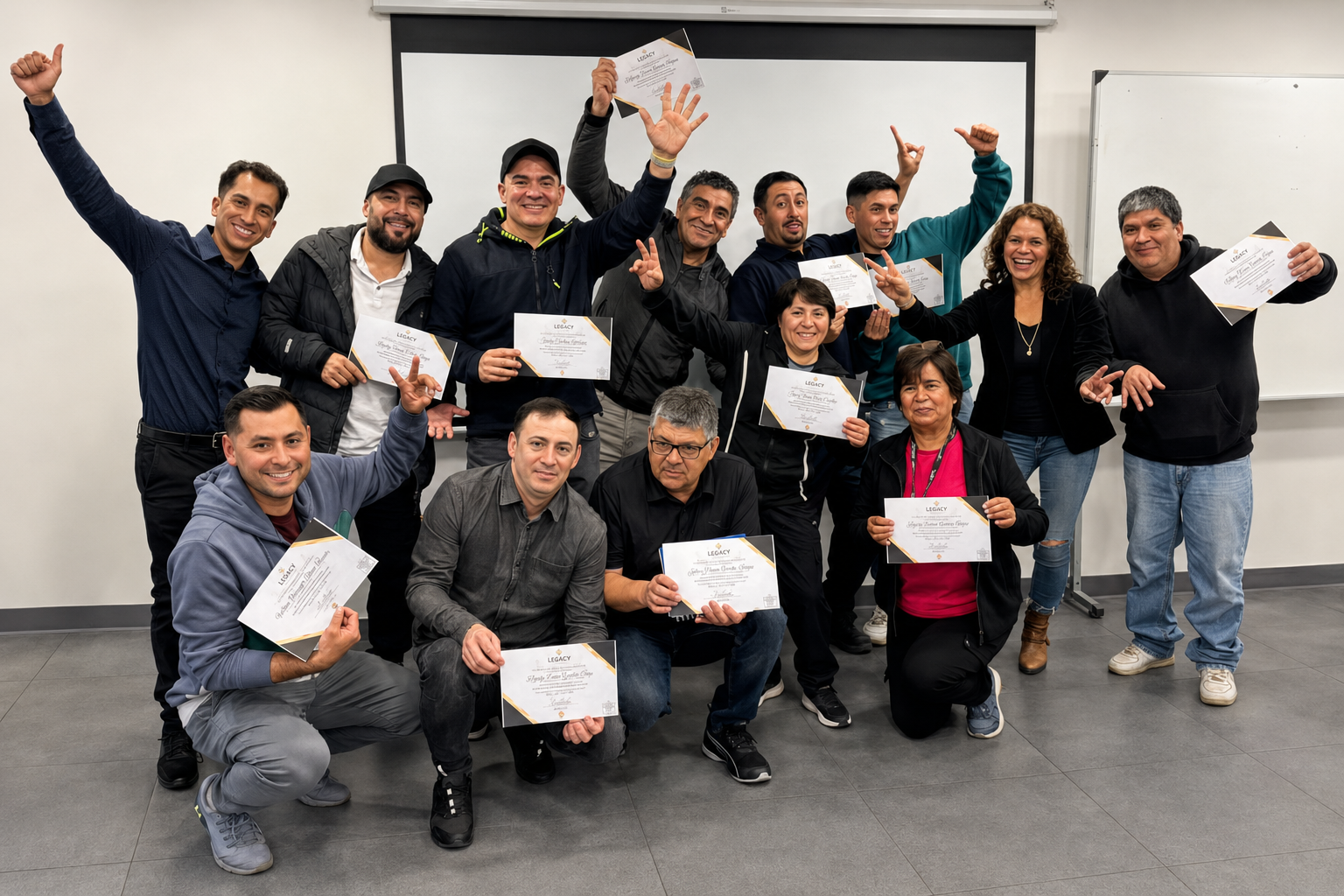 Participantes de Legacy Academy celebrando un cierre de capacitación con sus diplomas